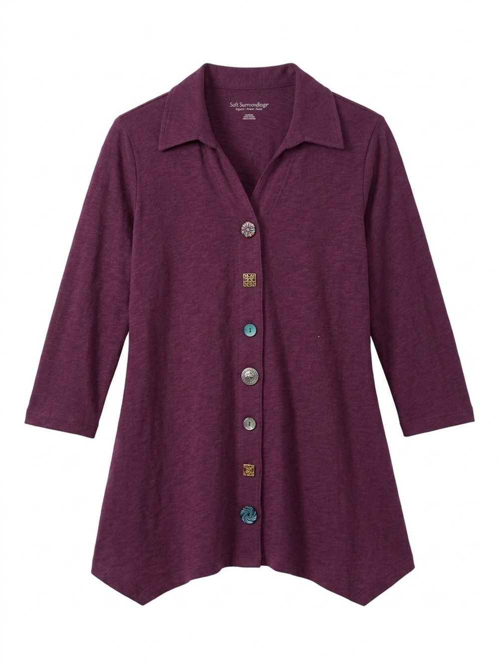 Soft Surroundings Danielle Tunic Sz M Purple Slub Cotton Mixed Button Sharkbite